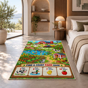 farm find and count activity rug displayed in a bedroom in sunlight