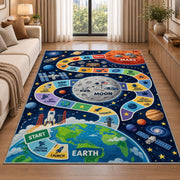 earth moon and mars space mission game rug displayed in a sunlit lounge beside a sofa