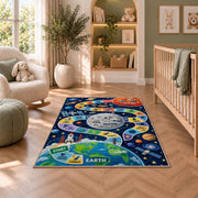 earth moon and mars space mission game rug displayed in a nursery beside an upholstered chair