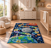 earth moon and mars space mission game rug displayed in a nursery beside a crib