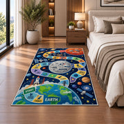 earth moon and mars space mission game rug displayed in a bedroom beside the bed
