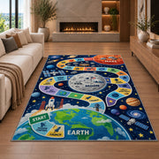 earth moon and mars space mission game rug displayed in a living room with a fireplace