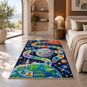 earth moon and mars space mission game rug displayed in a bedroom in sunlight