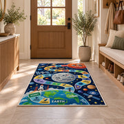earth moon and mars space mission game rug displayed in a entryway beside a wooden door