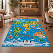 world map travel adventure rug displayed in a living room with wooden shelves