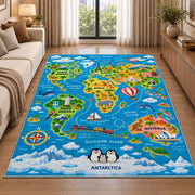 world map travel adventure rug displayed in a sunlit lounge beside a sofa