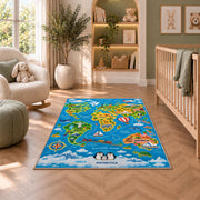 world map travel adventure rug displayed in a nursery beside an upholstered chair