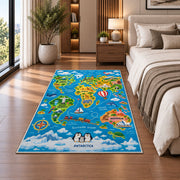 world map travel adventure rug displayed in a bedroom beside the bed