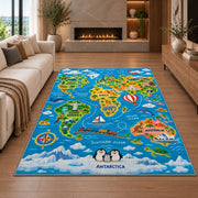 world map travel adventure rug displayed in a living room with a fireplace
