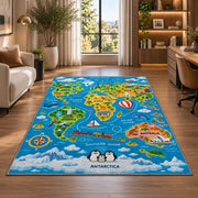 world map travel adventure rug displayed in a lounge with wooden shelves
