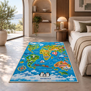 world map travel adventure rug displayed in a bedroom in sunlight