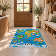 world map travel adventure rug displayed in a entryway beside a wooden door