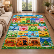 days and months garden calendar rug displayed in a sunlit lounge beside a sofa