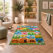 days and months garden calendar rug displayed in a nursery beside an upholstered chair