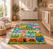 days and months garden calendar rug displayed in a nursery beside a crib