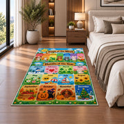 days and months garden calendar rug displayed in a bedroom beside the bed