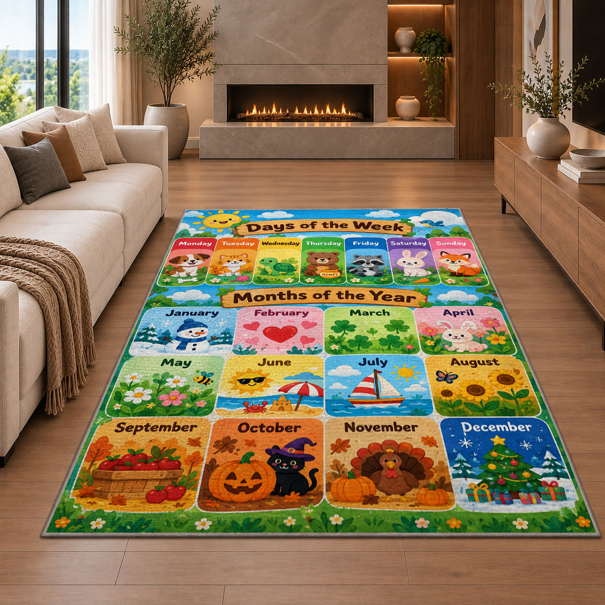 days and months garden calendar rug displayed in a living room with a fireplace