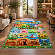 days and months garden calendar rug displayed in a lounge with wooden shelves
