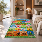 days and months garden calendar rug displayed in a bedroom in sunlight