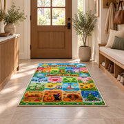 days and months garden calendar rug displayed in a entryway beside a wooden door