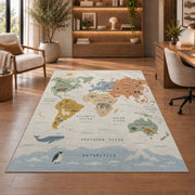 pastel animal world map rug displayed in a living room with wooden shelves