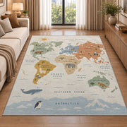 pastel animal world map rug displayed in a sunlit lounge beside a sofa