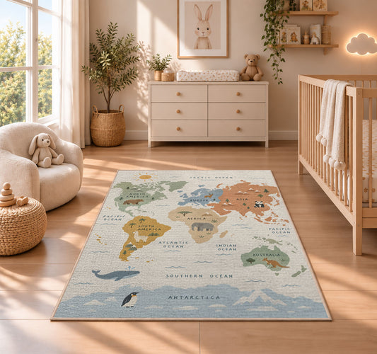 pastel animal world map rug displayed in a nursery beside a crib