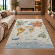 pastel animal world map rug displayed in a living room with a fireplace