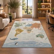 pastel animal world map rug displayed in a lounge with wooden shelves