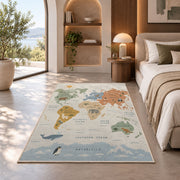 pastel animal world map rug displayed in a bedroom in sunlight