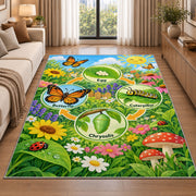 butterfly life cycle garden learning rug displayed in a sunlit lounge beside a sofa