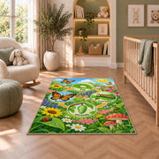 butterfly life cycle garden learning rug displayed in a nursery beside an upholstered chair
