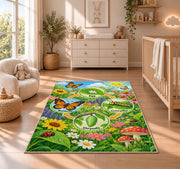 butterfly life cycle garden learning rug displayed in a nursery beside a crib