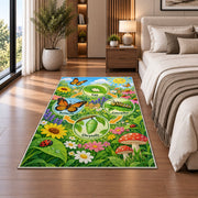 butterfly life cycle garden learning rug displayed in a bedroom beside the bed