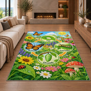 butterfly life cycle garden learning rug displayed in a living room with a fireplace