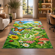 butterfly life cycle garden learning rug displayed in a lounge with wooden shelves