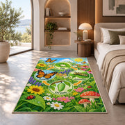 butterfly life cycle garden learning rug displayed in a bedroom in sunlight