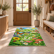 butterfly life cycle garden learning rug displayed in a entryway beside a wooden door