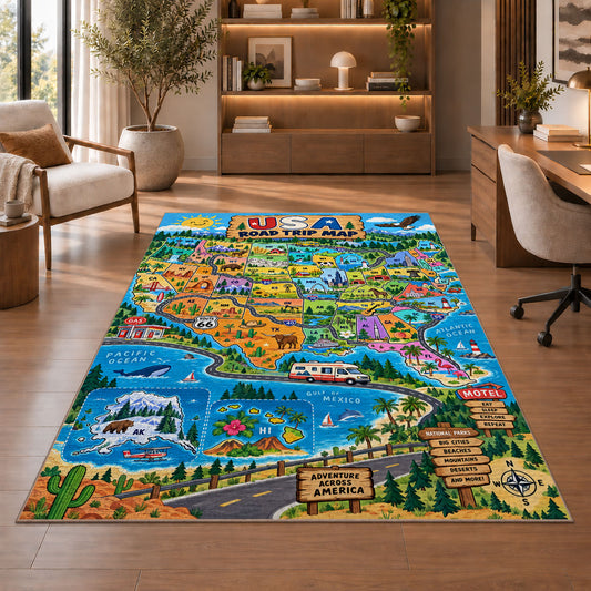 usa state adventure map rug displayed in a living room with wooden shelves