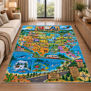 usa state adventure map rug displayed in a sunlit lounge beside a sofa