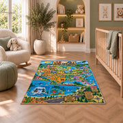 usa state adventure map rug displayed in a nursery beside an upholstered chair