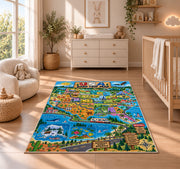 usa state adventure map rug displayed in a nursery beside a crib