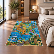 usa state adventure map rug displayed in a bedroom beside the bed