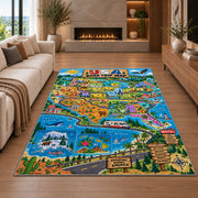 usa state adventure map rug displayed in a living room with a fireplace