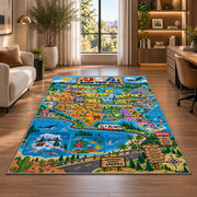usa state adventure map rug displayed in a lounge with wooden shelves