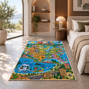 usa state adventure map rug displayed in a bedroom in sunlight