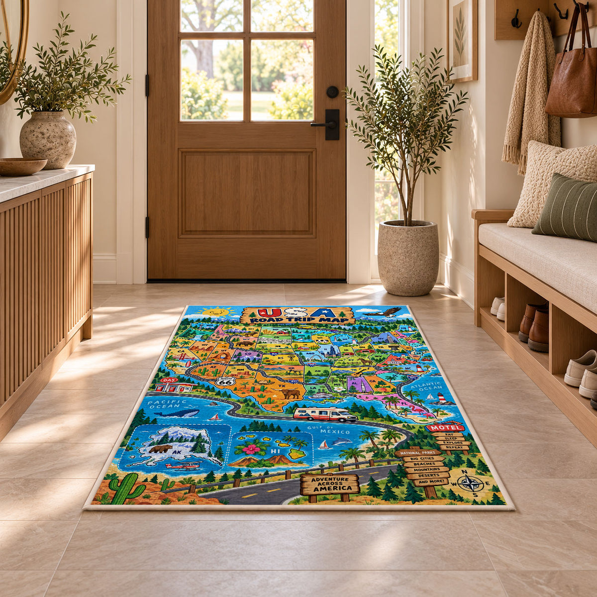 usa state adventure map rug displayed in a entryway beside a wooden door