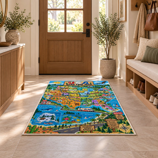 usa state adventure map rug displayed in a entryway beside a wooden door