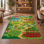 farm counting path learning rug displayed in a living room with wooden shelves