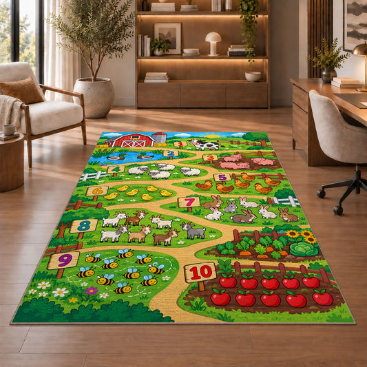 farm counting path learning rug displayed in a living room with wooden shelves